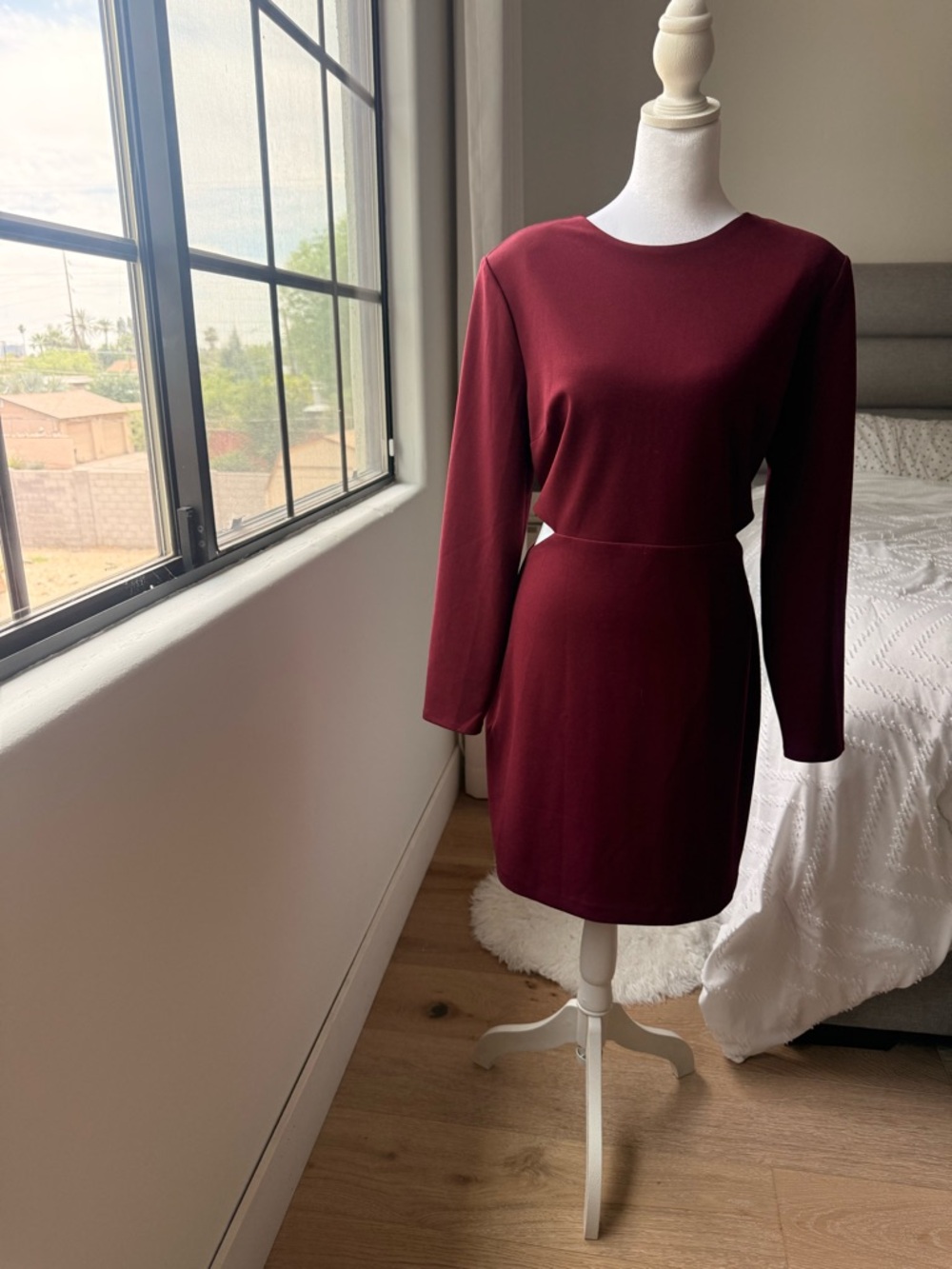 Express Long-Sleeve Sheath Dress in Deep Burgundy